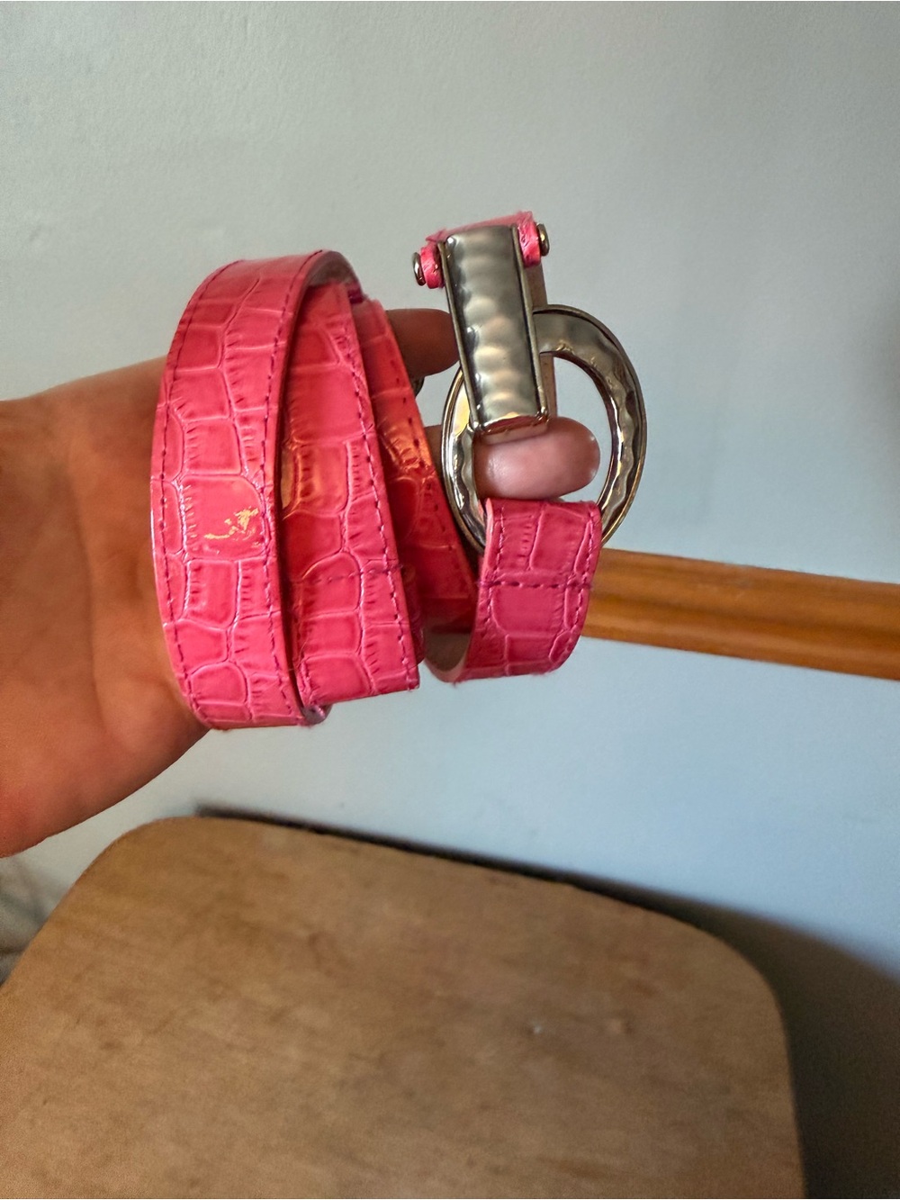 Pink Croc-Embossed Women's Belt with Silver Buckle
